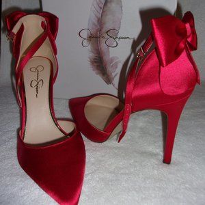 Red Jessica Simpson high heels with bows NIB